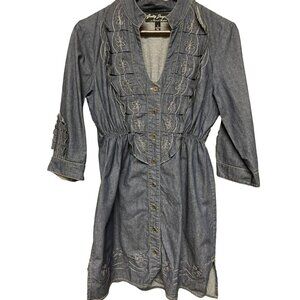 Gretty Zueger Denim Women's Dress V-Neck Embroidered Small Cotton Western Button